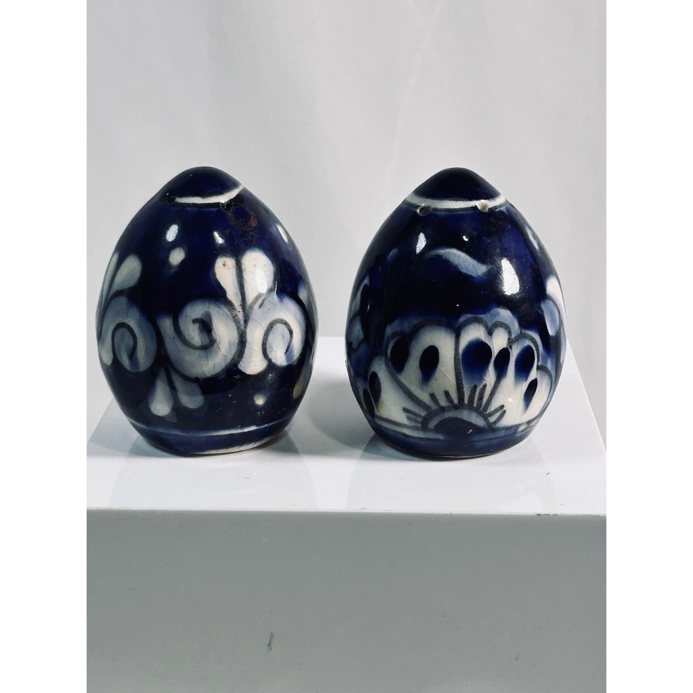 Talavera Salt and Pepper Shakers Cobalt Blue White Floral Egg Shaped Ceramic Set